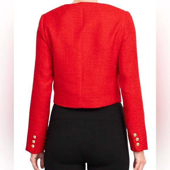 Cropped Red Blazer Boucle Crop Short Jacket Chic Ruby Rose Tweed Suit Notch Crew - Picture 16 of 17